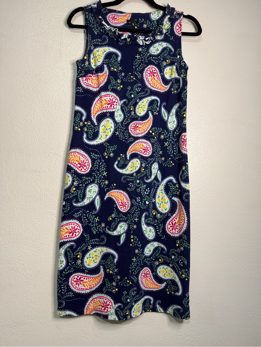 Talbots Navy Paisley Sleeveless Ruffle-Neck Dress. Sz XS. NWOT.